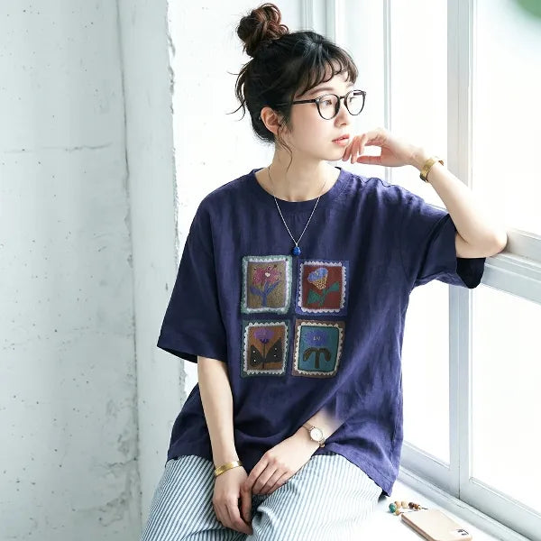 M-2XL 花模様 プリント ノーマルスリーブ 半袖 ラウンドネック カジュアル Tシャツ