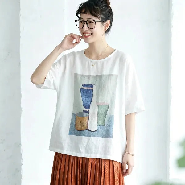 M-3XL 綿麻 通気性良い プリント ラウンドネック レトロ Tシャツ