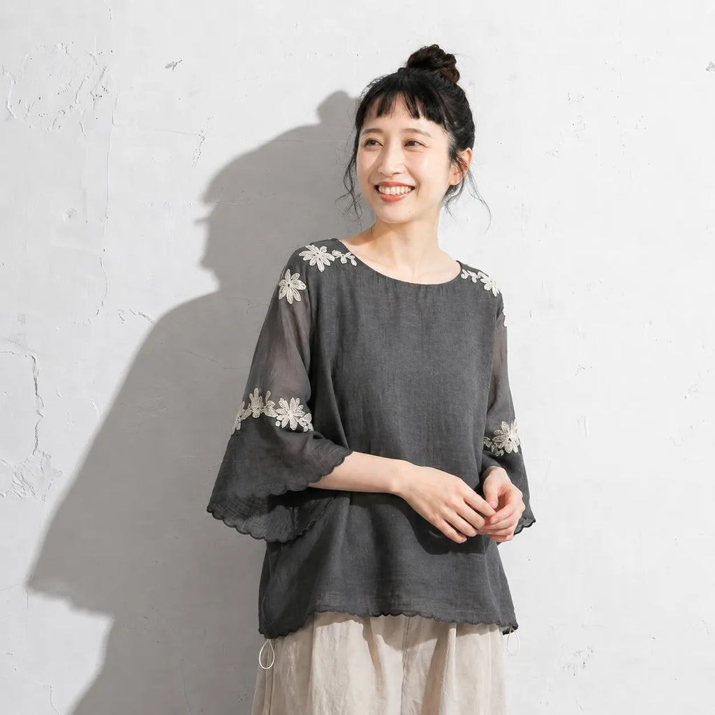「奇跡の再販」 ラウンドネック 五分袖 刺繍 ノーマルスリーブ 花模様 森ガール シャツ