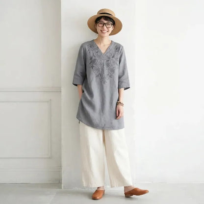 『大人が着たいアイテム』M-4XL 刺繍 Vネック 半袖 ミディアム丈 カジュアル チュニック