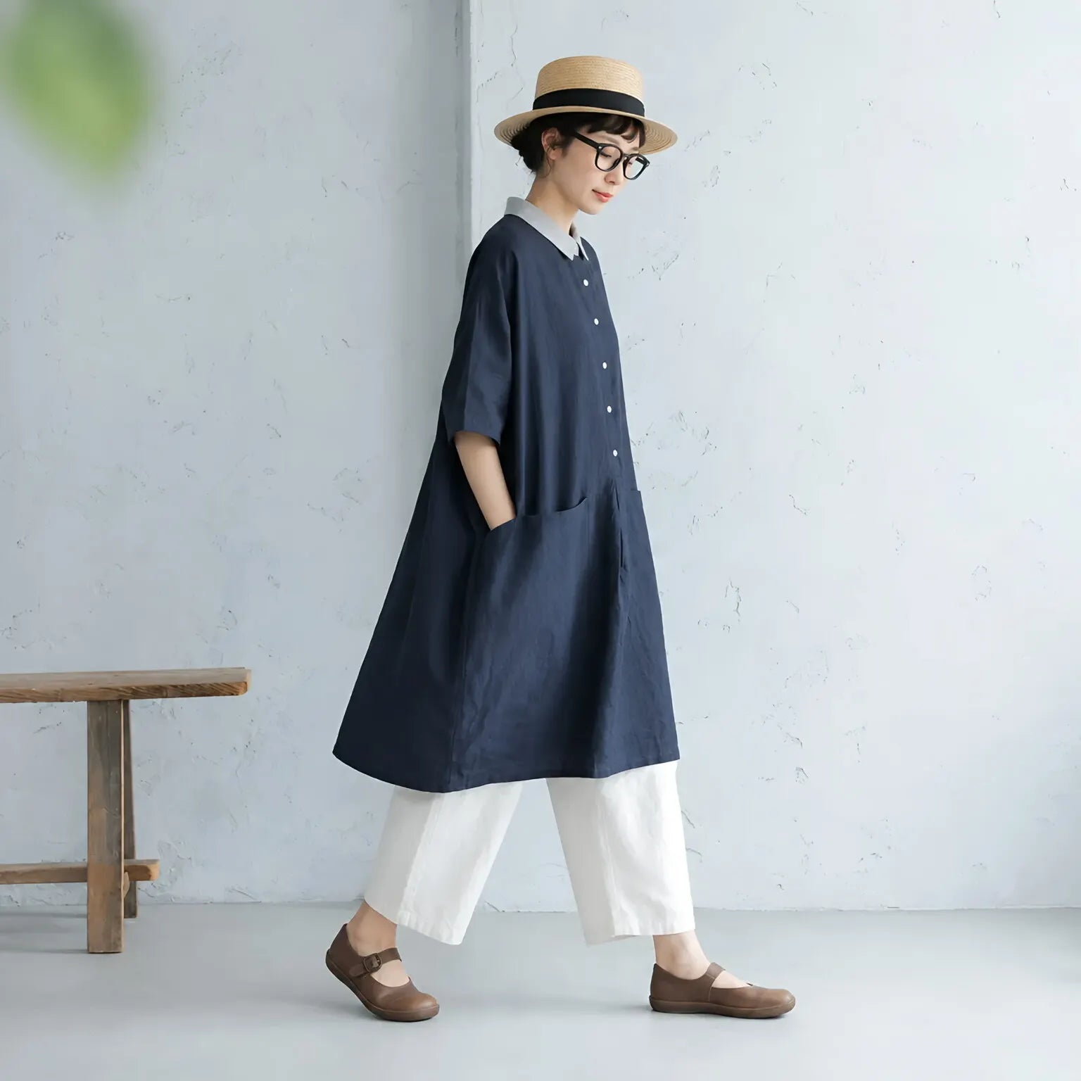 M-2XL 綿麻 ボタン 配色 切り替え 五分袖 シンプル カジュアルワンピース