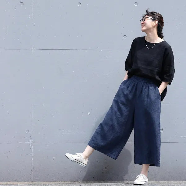 M-4XL 無地 ナチュラル 接触冷感 ハイウエスト カジュアル 七分パンツ