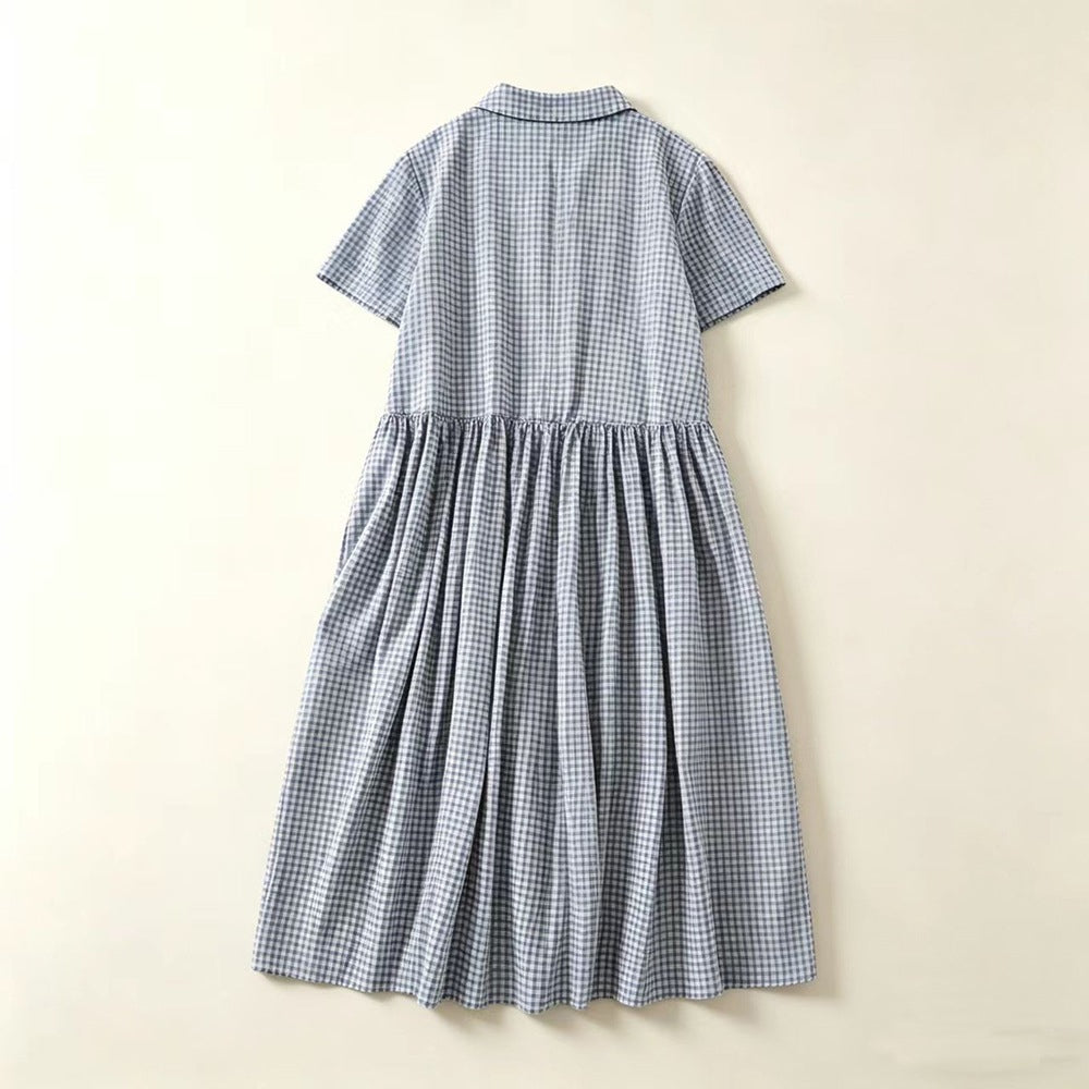 M-2XL 綿麻 POLOネック チェック柄 | デイリー ワンピース