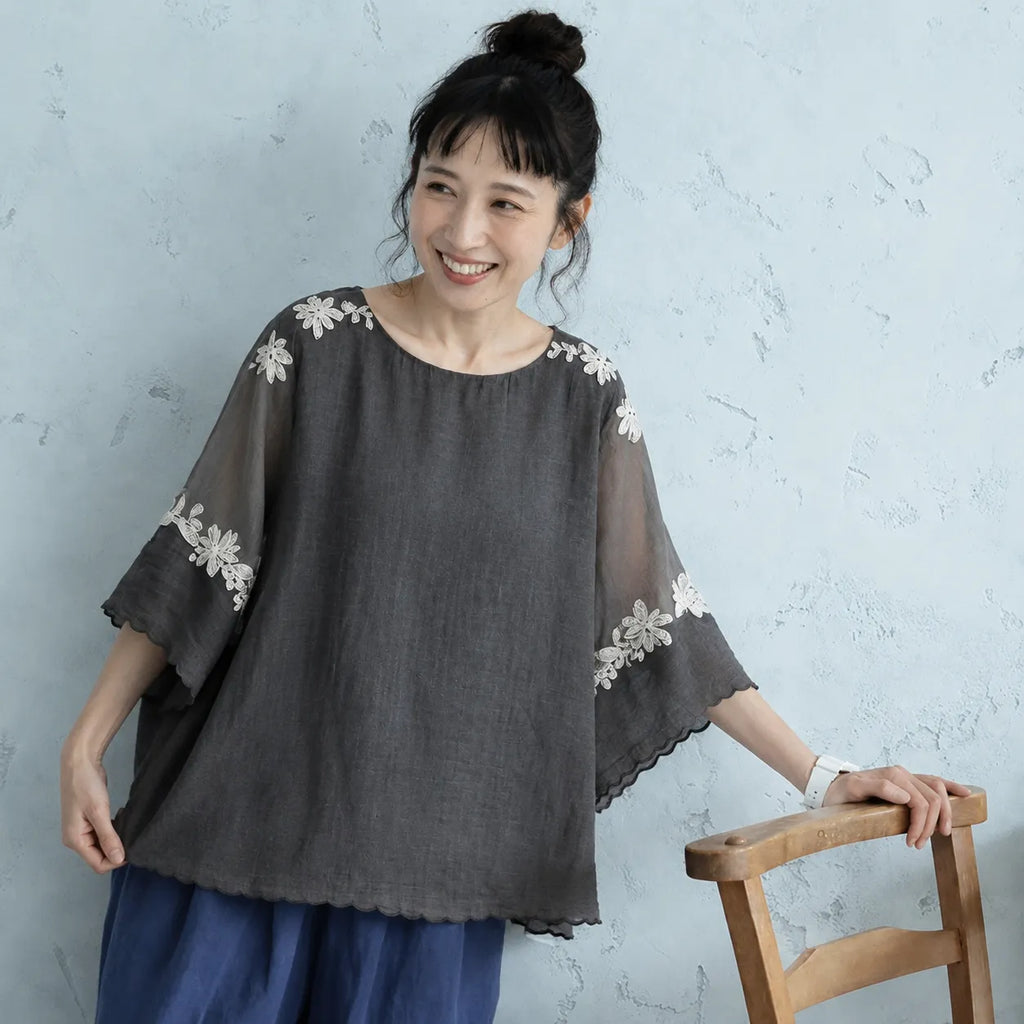 「奇跡の再販」 ラウンドネック 五分袖 刺繍 ノーマルスリーブ 花模様 森ガール シャツ