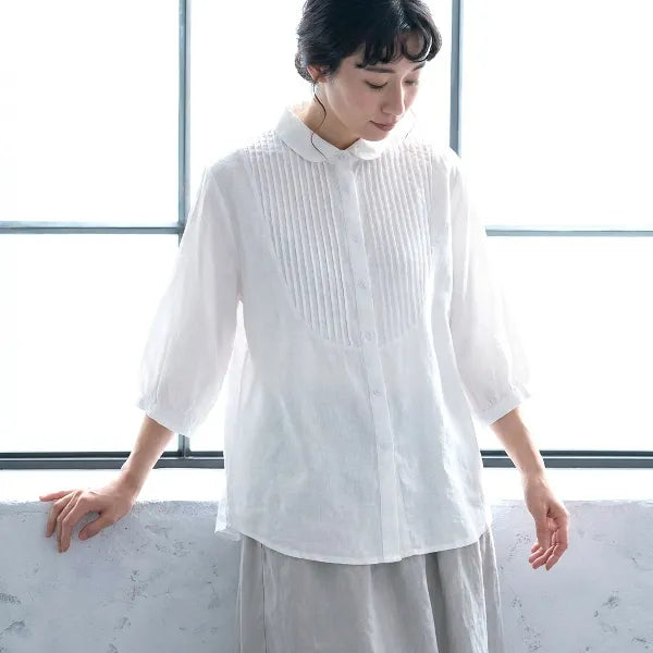 【綿麻】M-2XL ゆったり 七分袖 折り襟 無地 柔らかい シャツ
