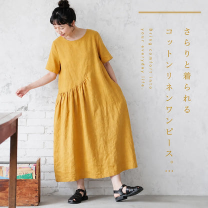 心地よく着られる、コットンリネンカジュアルワンピース