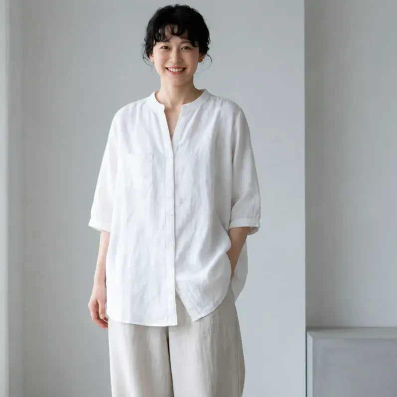 【綿麻】ゆったり シングルボタン 体型カバー 大人カジュアル レディース 半袖Tシャツ