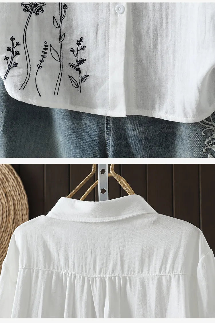 アンティークな刺繍を胸に、からだが泳ぐルーズな５分袖トップス
