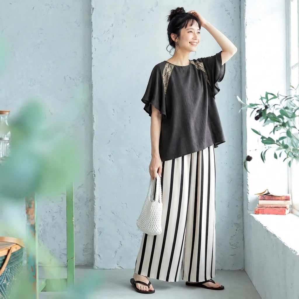 【単品注文】刺繍5分袖Tシャツ×ストライプストレートパンツ