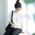 フリー リネン生地 無地 半袖 ラウンドネック カジュアル シャツ