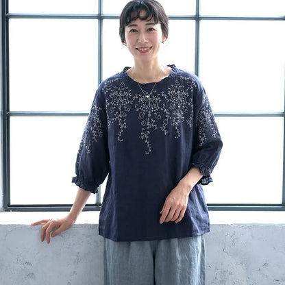 M-4XL 綿麻 ラウンドネック 五分袖 プリント 清新 Tシャツ