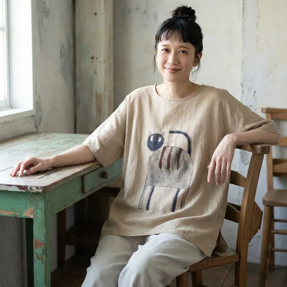 ねこと過ごす、風通しのいいコットンリネンTシャツ
