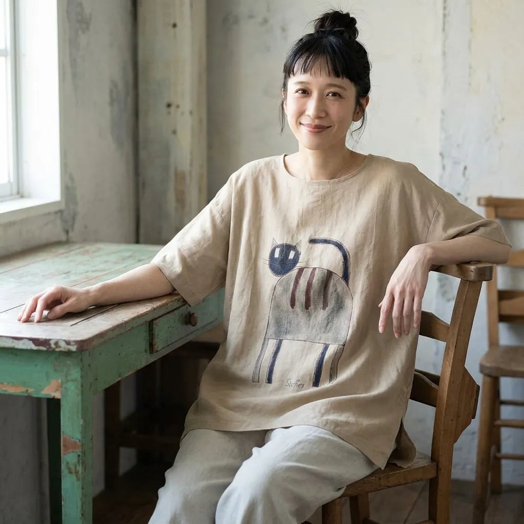 ねこと過ごす、風通しのいいコットンリネンTシャツ