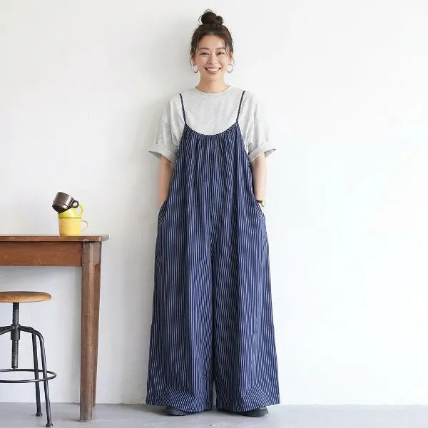 M~2XL コットン ストライプ柄 ノースリーブ オールインワン