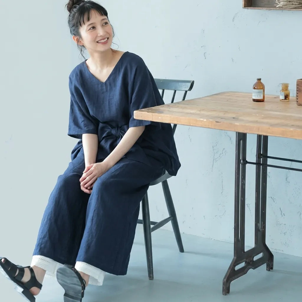 【2点セット】背スリットボタン V 半袖トップス リボンパンツ