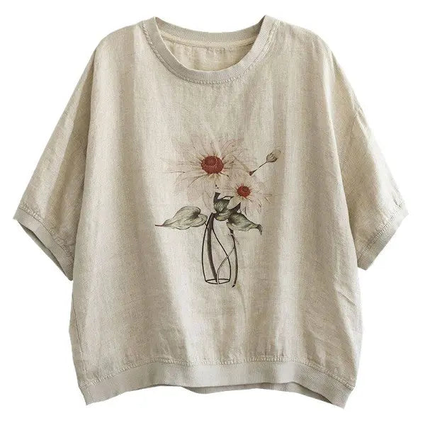 【柔らかい】M-3XL リネン プリント ラウンドネック ドルマンスリーブ 花模様 五分袖 カジュアル Tシャツ