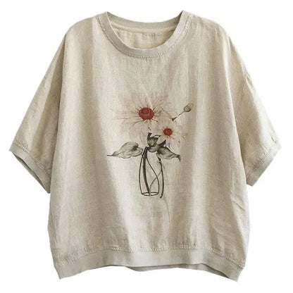 【柔らかい】M-3XL リネン プリント ラウンドネック ドルマンスリーブ 花模様 五分袖 カジュアル Tシャツ