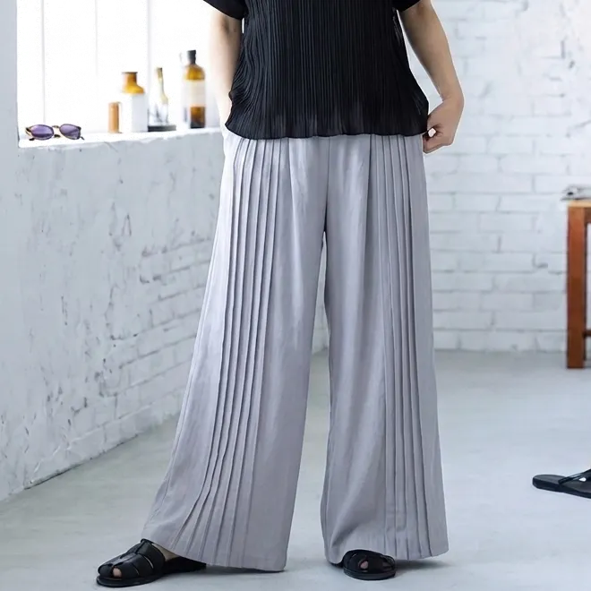 【単品注文】クルーネックバットスリーブ半袖トップスとプリーツワイドパンツセットアップ