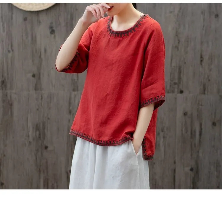 M-3XL 綿麻 ナチュラル 肌触り柔らかい 五分袖 刺繍 無地 毎日使える Tシャツ