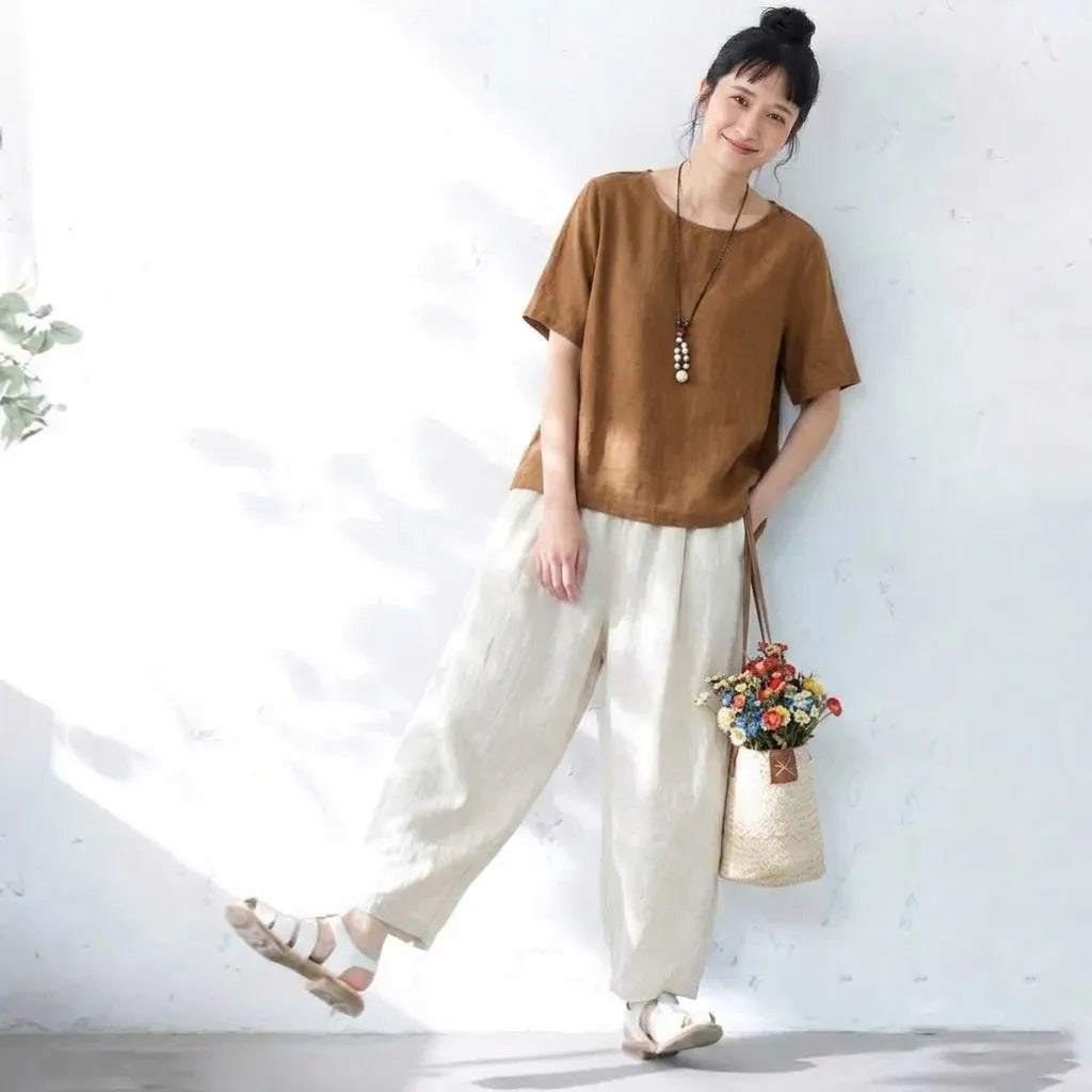 【2点セット】クルーネック綿麻半袖トップ×サルエルパンツ