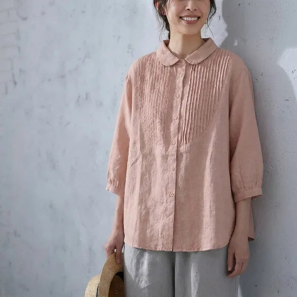 【綿麻】M-2XL ゆったり 七分袖 折り襟 無地 柔らかい シャツ