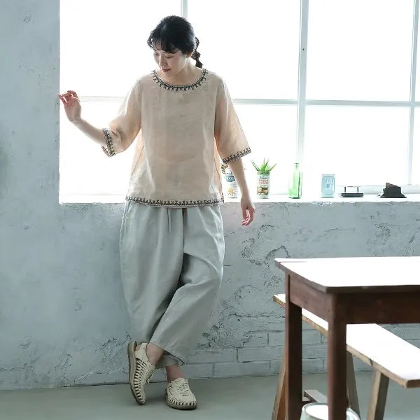M-3XL 綿麻 ナチュラル 肌触り柔らかい 五分袖 刺繍 無地 毎日使える Tシャツ