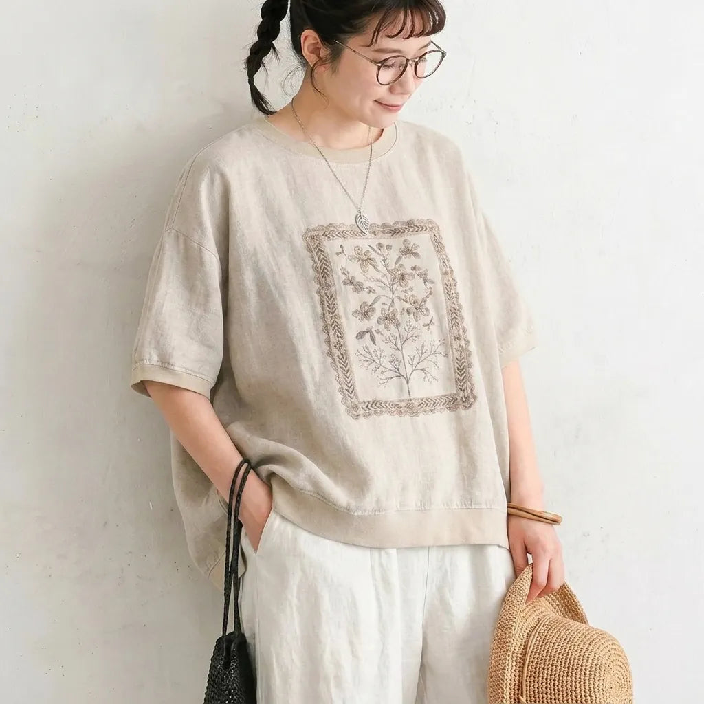 M-2XL ナチュラル プリント コットン混 半袖Tシャツ 体型カバー ルーズ