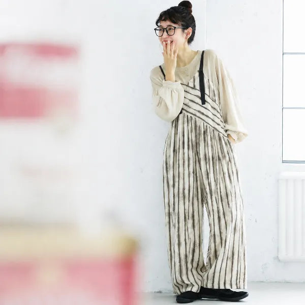 M-XL ロング丈 ハイウエスト ボーダー 半袖 カジュアル オールインワン