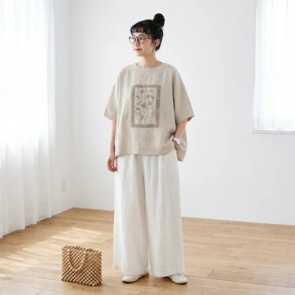 M-2XL ナチュラル プリント コットン混 半袖Tシャツ 体型カバー ルーズ
