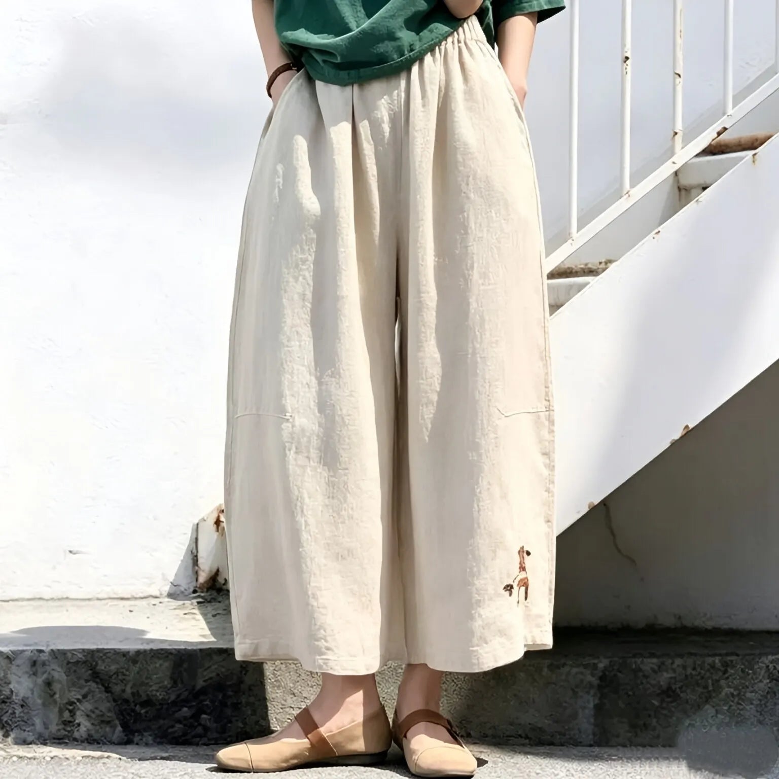 M-5XL 綿麻 アンクル丈（9分丈） 肌触り柔らかい 刺繍 カートゥーン ビックシルエット ファッション ガウチョパンツ