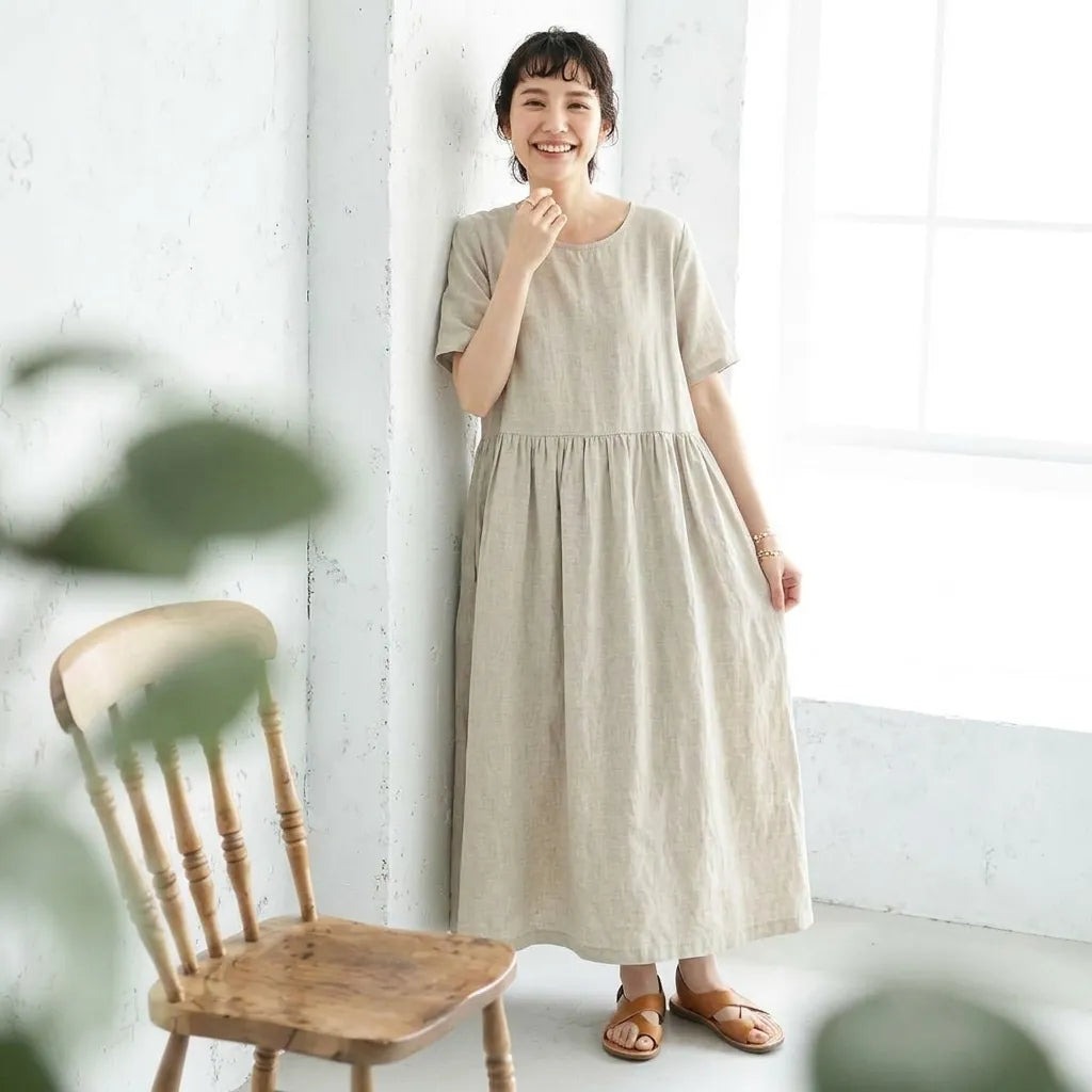 リネン生地Aラインカジュアルワンピース