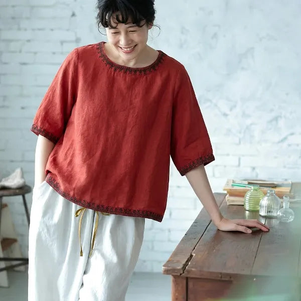 M-3XL 綿麻 ナチュラル 肌触り柔らかい 五分袖 刺繍 無地 毎日使える Tシャツ