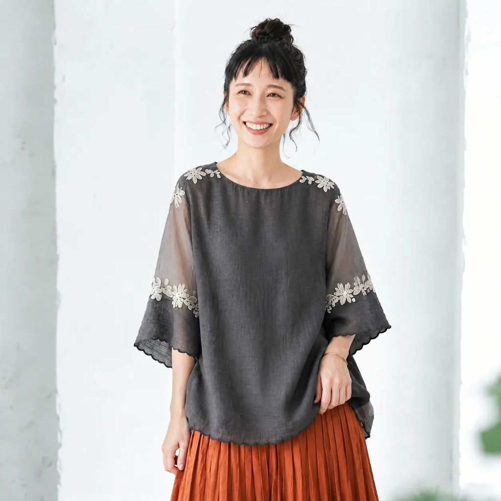 「奇跡の再販」 ラウンドネック 五分袖 刺繍 ノーマルスリーブ 花模様 森ガール シャツ