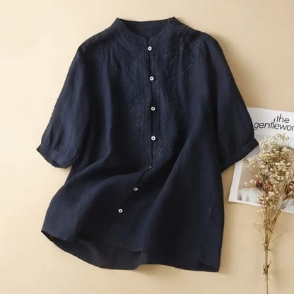 M-2XL 綿麻 ゆったり刺繍シャツ 柔らか肌触り 毎日使える