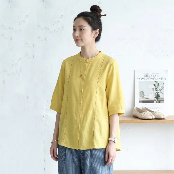 M-2XL ナチュラル 刺繍 レトロ 綿麻 立襟 五分袖 無地 シャツ