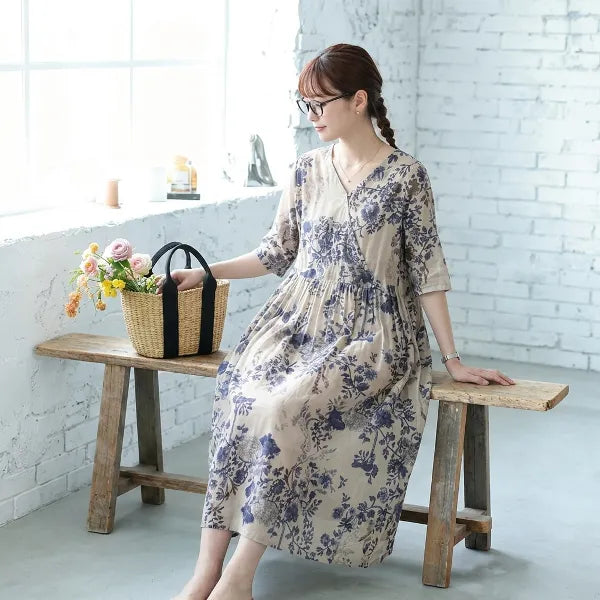 M~2XL ラミー Vネック プリント 七分袖 脚長効果 デイリー ワンピース