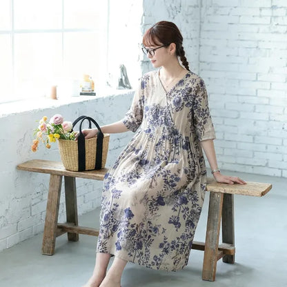 M~2XL ラミー Vネック プリント 七分袖 脚長効果 デイリー ワンピース