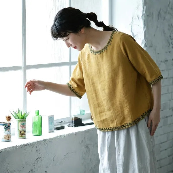 M-3XL 綿麻 ナチュラル 肌触り柔らかい 五分袖 刺繍 無地 毎日使える Tシャツ