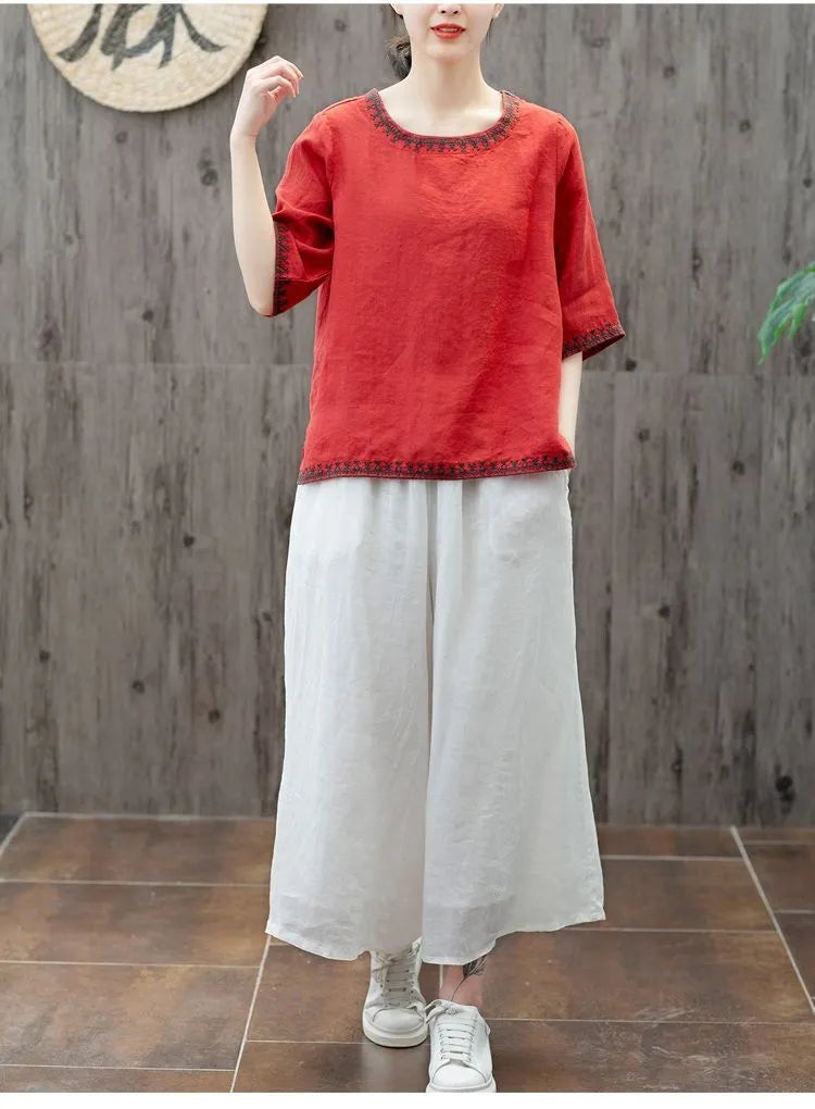 M-3XL 綿麻 ナチュラル 肌触り柔らかい 五分袖 刺繍 無地 毎日使える Tシャツ