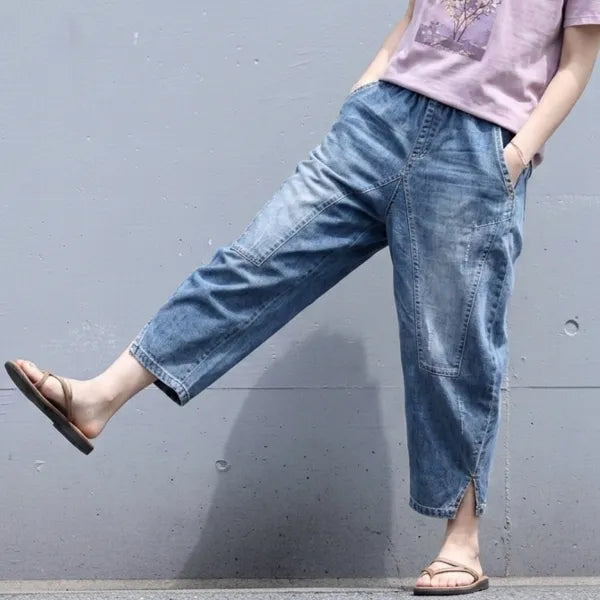 M-3XL 薄手素材 デニム クロップド丈（7分丈） ポケット付き 無地 ジーンズ