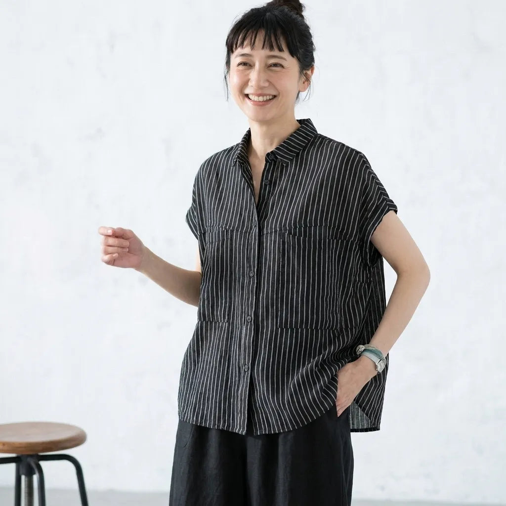 さらり先染綿麻ボーダー上品カラー万能半袖シャツ