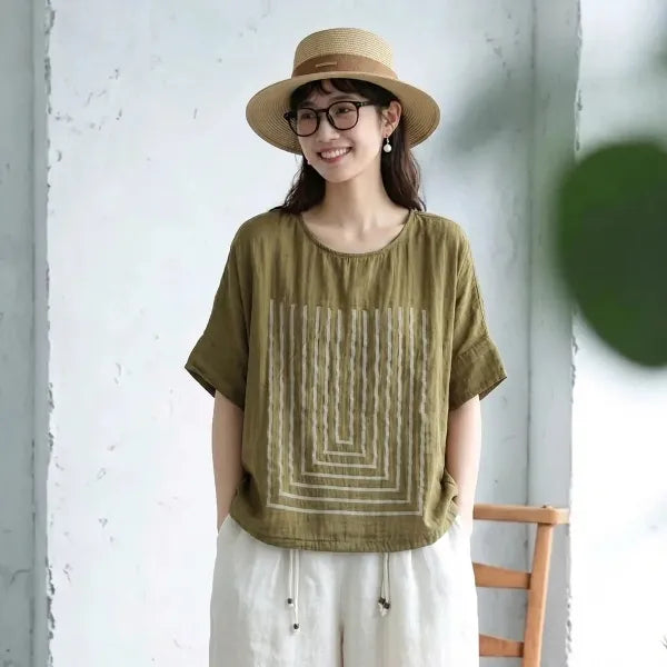 M-2XL ダブルガーゼ ラウンドネック 半袖 プリント ノーマルスリーブ 森ガール Tシャツ