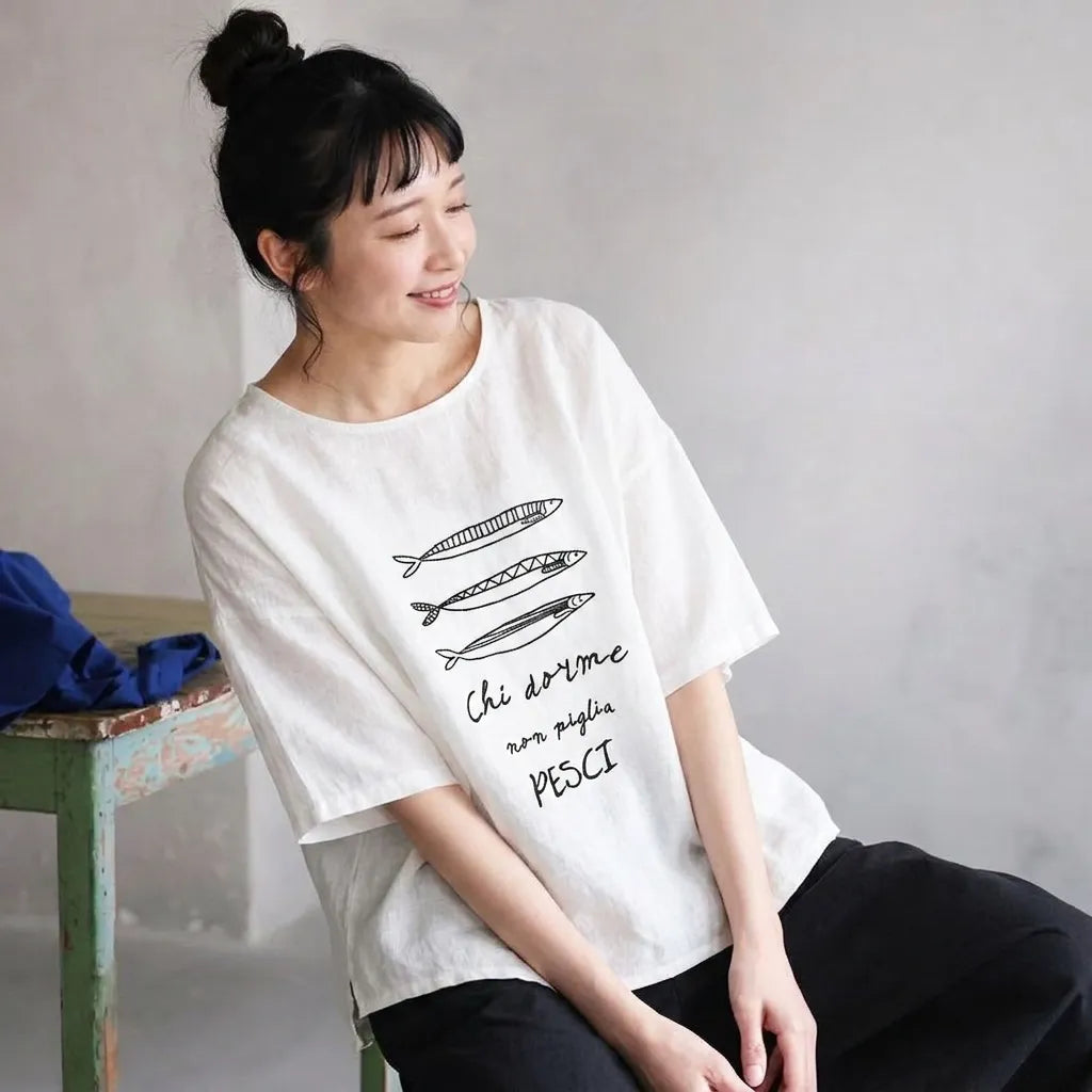 宵闇の屋上で星屑を数える、リネン混プルオーバー Tシャツ