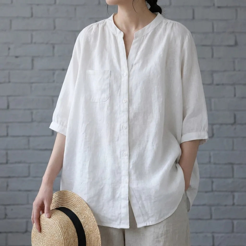 【綿麻】ゆったり シングルボタン 体型カバー 大人カジュアル レディース 半袖Tシャツ