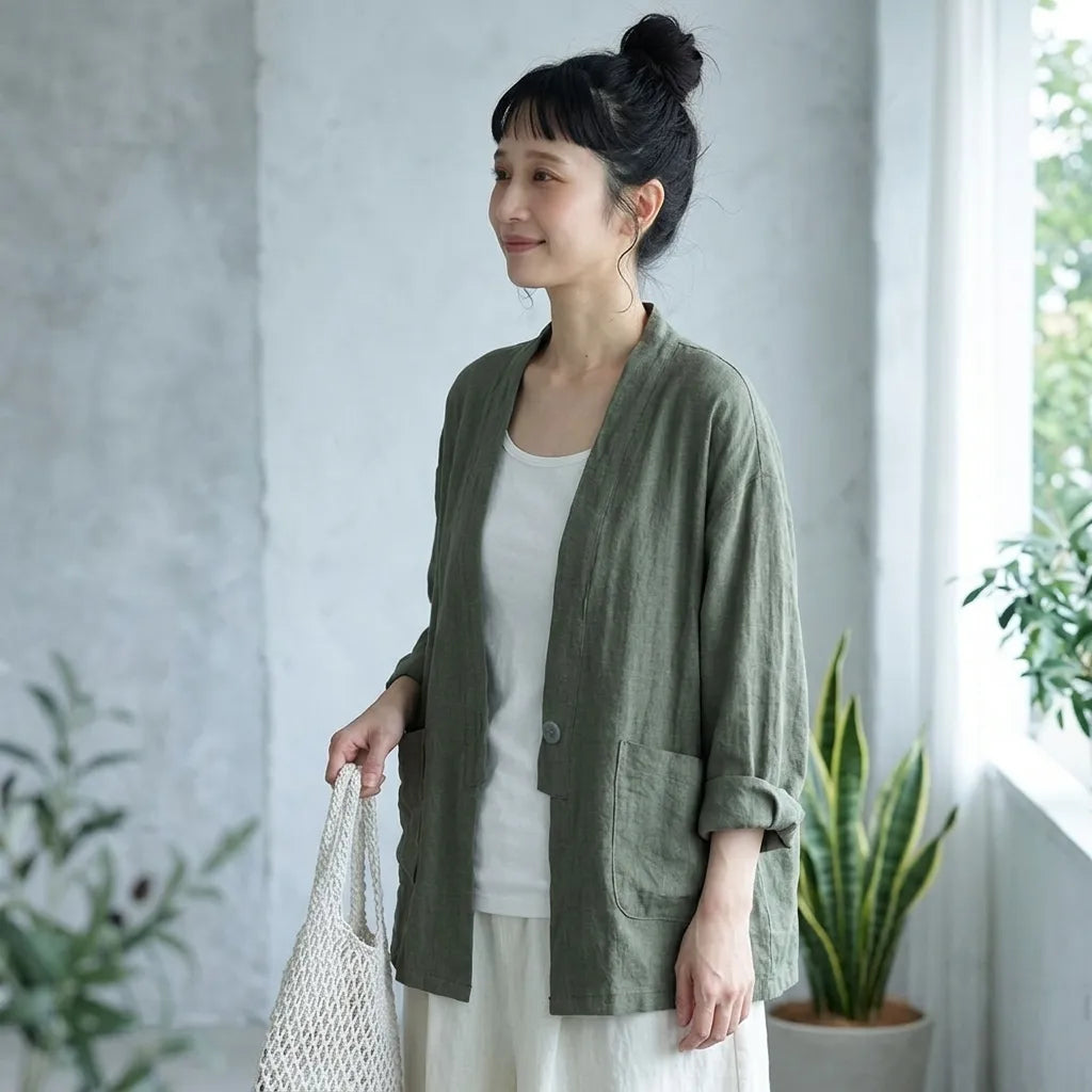 風待ち通りの木陰で、さらりと羽織るリネンのフードジャケット