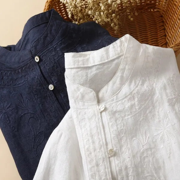 M-2XL 綿麻 ゆったり刺繍シャツ 柔らか肌触り 毎日使える