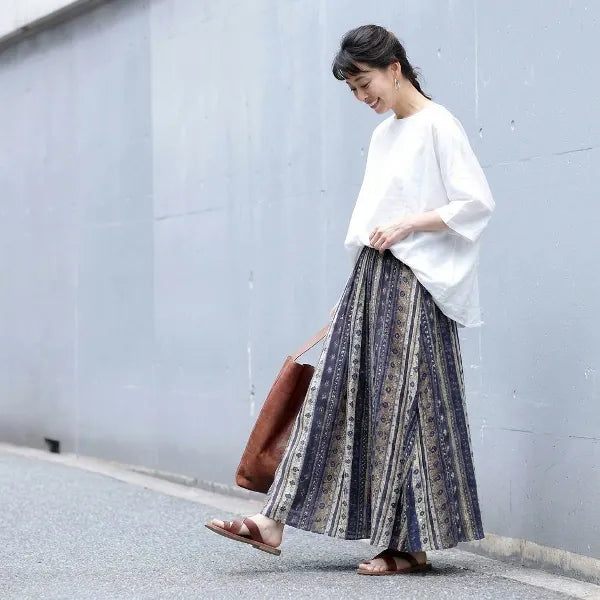 S-3XL 綿麻 幾何模様 プリント 大人可愛いAライン 平日 スカート