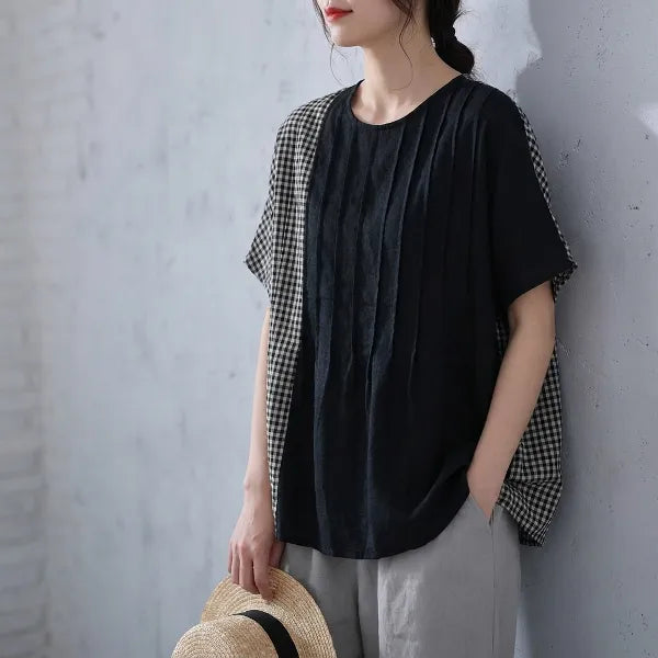M-XL 綿麻 チェック柄 プリーツ 切り替え Tシャツ