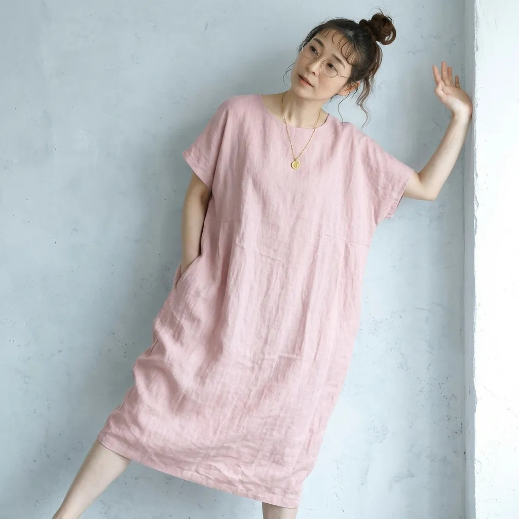 M-XL 脇ポケットリネン ロングワンピース ナチュラル