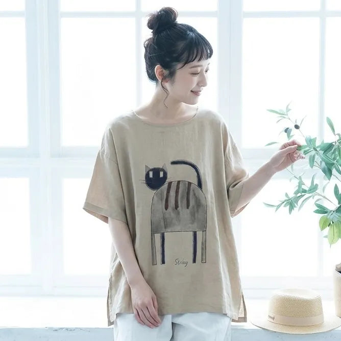 ねこと過ごす、風通しのいいコットンリネンTシャツ